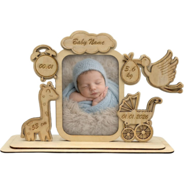Personalisierter Baby Bilderrahmen aus Holz – Neugeborenen Erinnerungsrahmen mit Name, Geburtsdatum, Uhrzeit, Gewicht & Größe – 10×15 cm Foto – Geschenk zur Geburt