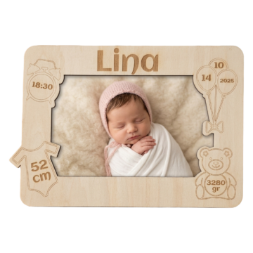 Personalisierter Baby Bilderrahmen aus Holz mit Geburtsdaten & Foto (15x10 cm)