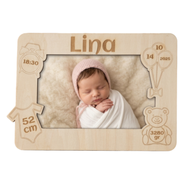 Personalisierter Baby Bilderrahmen aus Holz mit Geburtsdaten & Foto (15x10 cm)