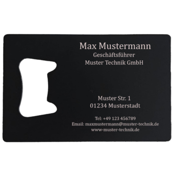 Flaschenöffner Visitenkarte aus Edelstahl, Schwarz, 90x50mm, Personalisierbar mit Laser-Gravur, Portemonnaie-Format, Werbegeschenk