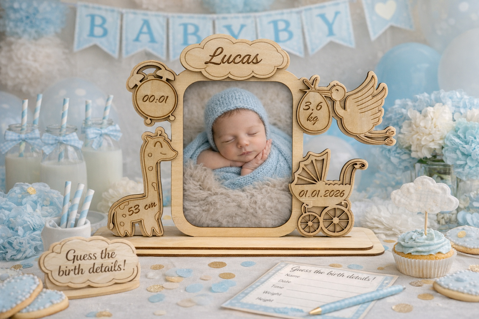 Personalisierter Baby Bilderrahmen aus Holz – Neugeborenen Erinnerungsrahmen mit Name, Geburtsdatum, Uhrzeit, Gewicht & Größe – 10×15 cm Foto – Geschenk zur Geburt – Bild 2